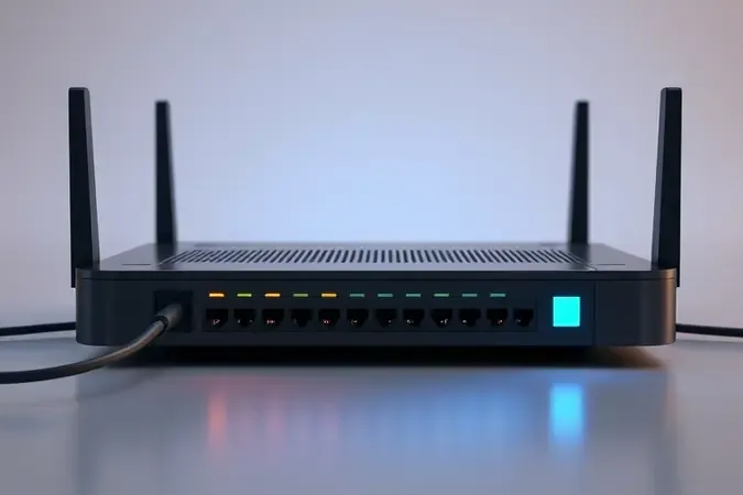 Parte traseira de roteador moderno com portas de rede e cabos ethernet conectados em render 3D conceitual