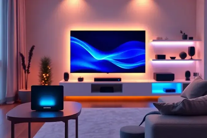 Cena conceitual de sala moderna com roteador wi-fi sem marca, smart tv com gradientes abstratos e iluminação aconchegante para streaming