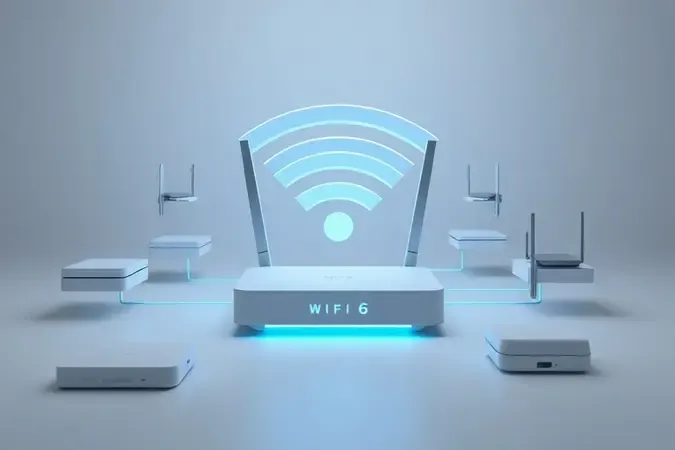 Tecnologia Wi-Fi 6 com ondas de sinal conectando dispositivos em cenário minimalista e clean