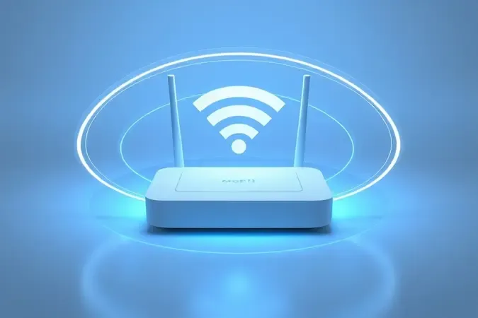 Representação conceitual de conexão Wi-Fi 6 ultrarrápida com um roteador moderno em ambiente limpo.
