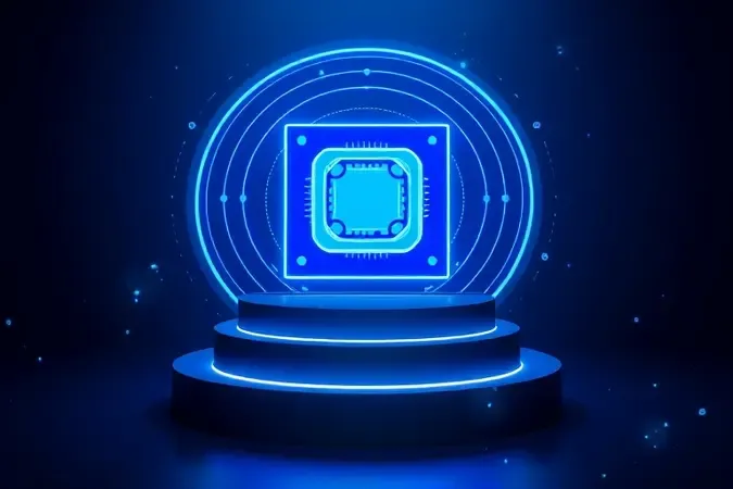 Chip de rede com anéis de sinal concêntricos em render 3D representando tecnologia Wi-Fi 6