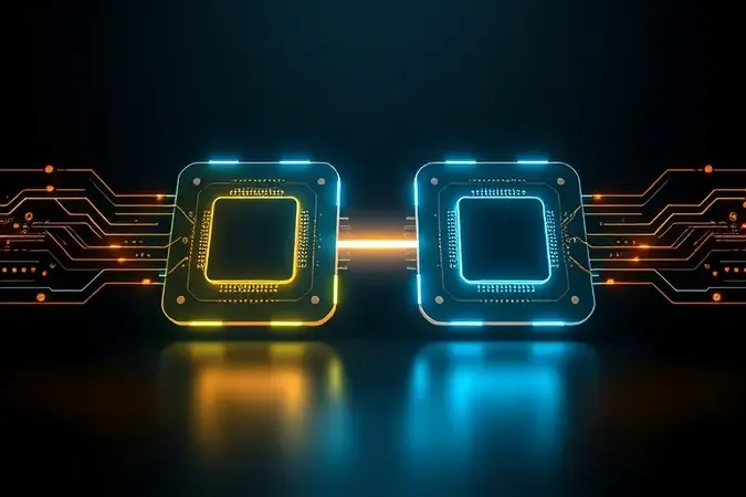 Comparação conceitual entre Wi-Fi 6 e Wi-Fi 7 com chips brilhantes e fluxos de dados em render 3D